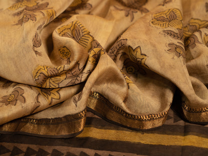 CREAMISH BROWN  'VANASPATI' BLOCK PRINT MAHESHWARI SILK COTTON SARI