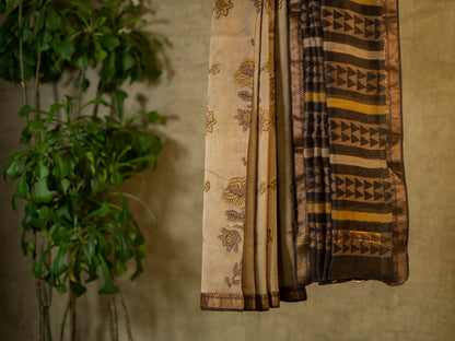 CREAMISH BROWN  'VANASPATI' BLOCK PRINT MAHESHWARI SILK COTTON SARI