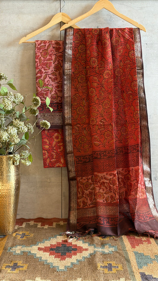 Rust Red Floral Hand Print Suit
