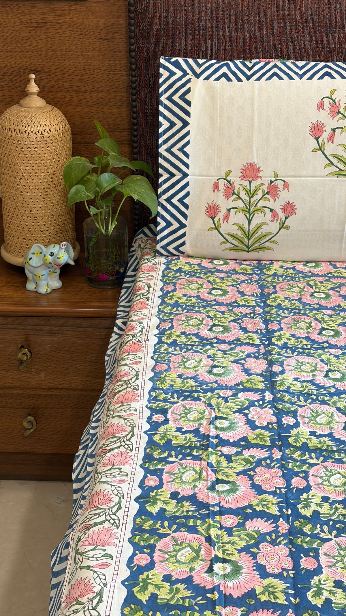 FLORAL BLUE & PINK HANDBLOCK PRINTED COTTON BEDCOVER