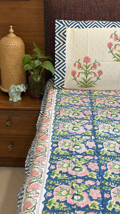 FLORAL BLUE & PINK HANDBLOCK PRINTED COTTON BEDCOVER