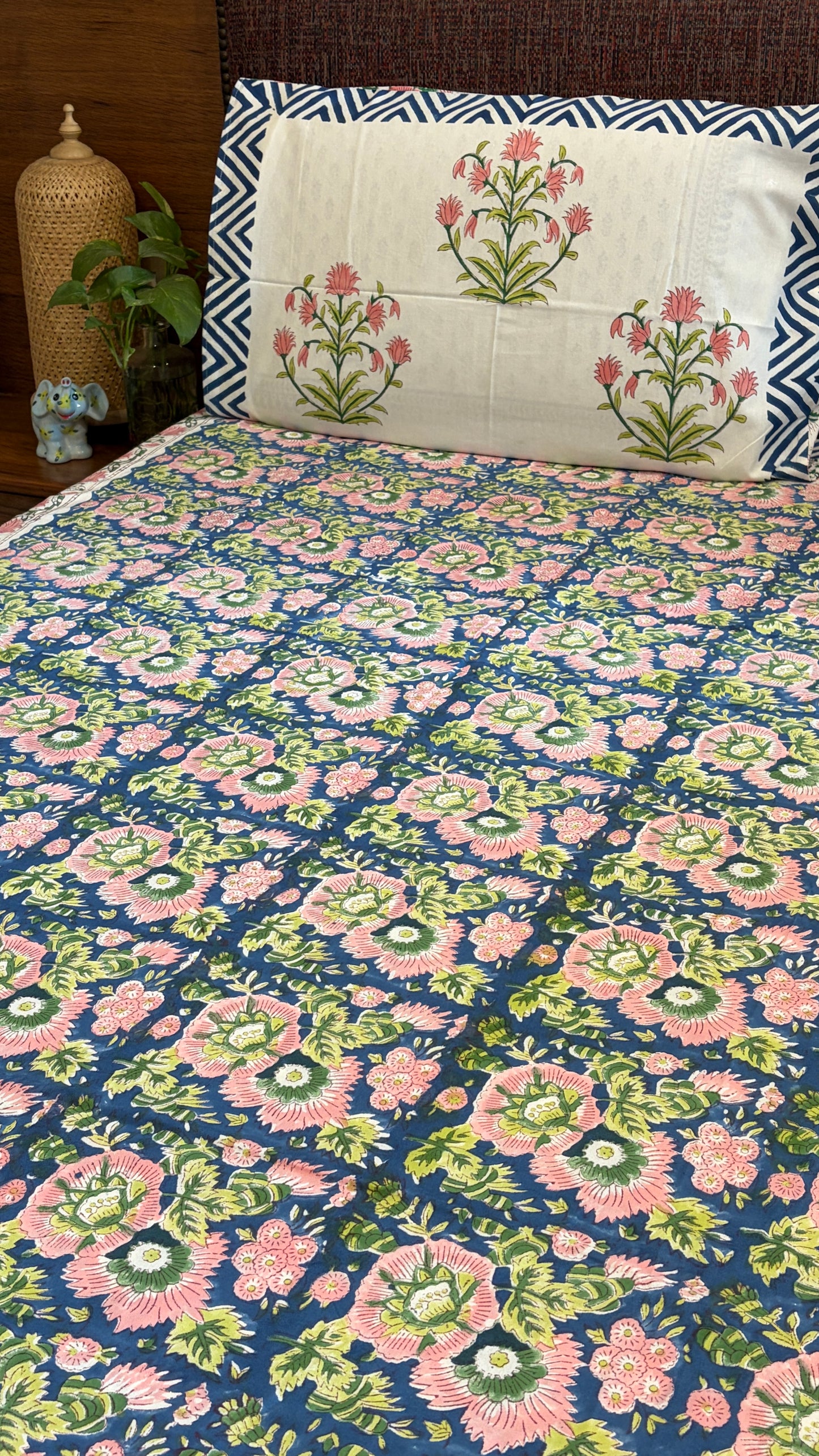 FLORAL BLUE & PINK HANDBLOCK PRINTED COTTON BEDCOVER