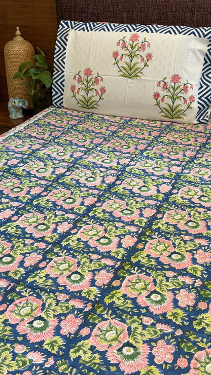 FLORAL BLUE & PINK HANDBLOCK PRINTED COTTON BEDCOVER