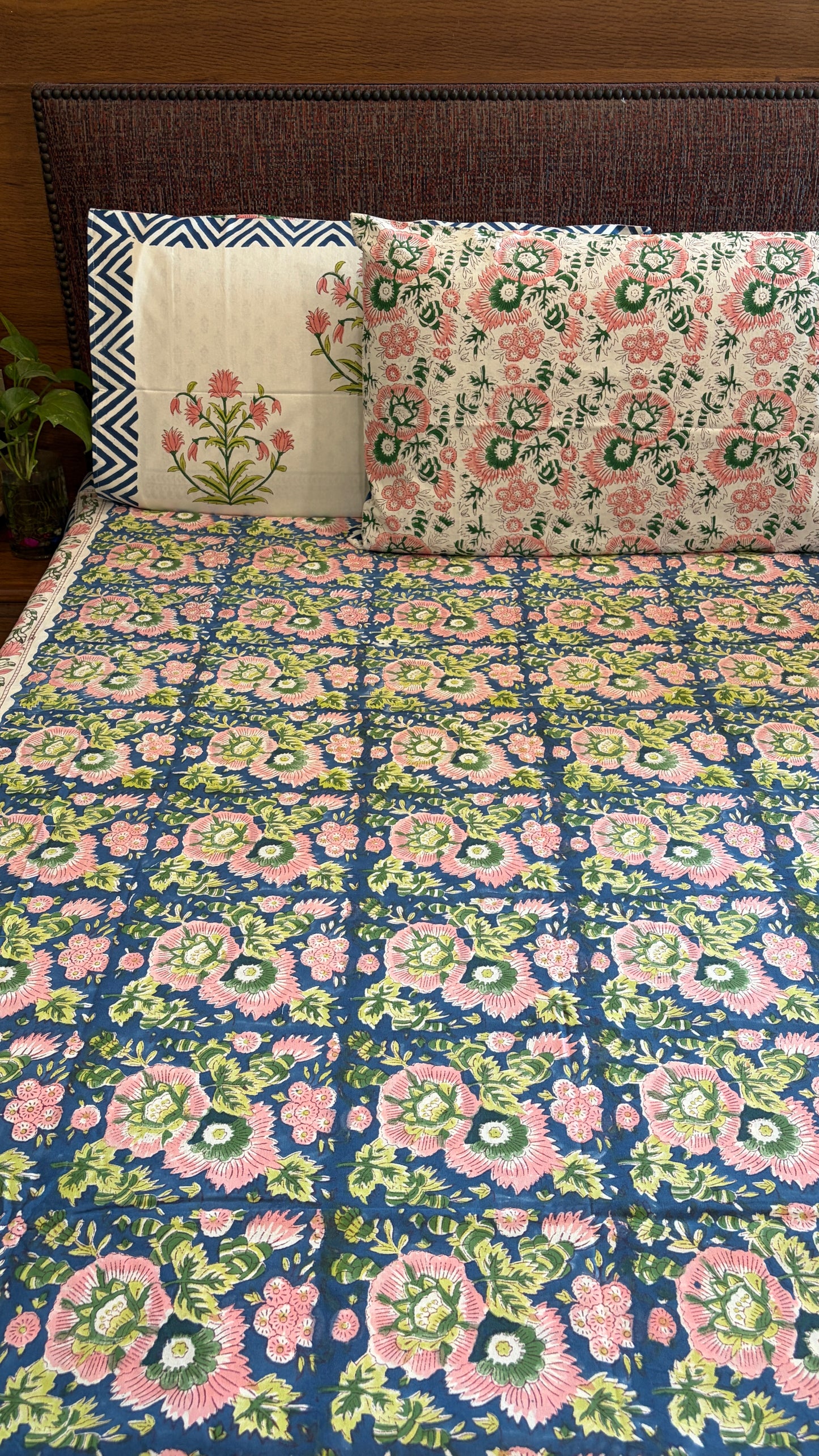 FLORAL BLUE & PINK HANDBLOCK PRINTED COTTON BEDCOVER