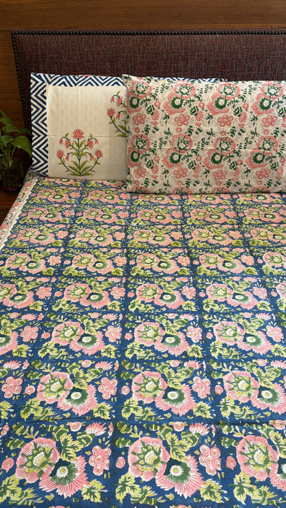 FLORAL BLUE & PINK HANDBLOCK PRINTED COTTON BEDCOVER