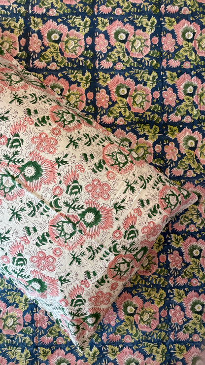 FLORAL BLUE & PINK HANDBLOCK PRINTED COTTON BEDCOVER