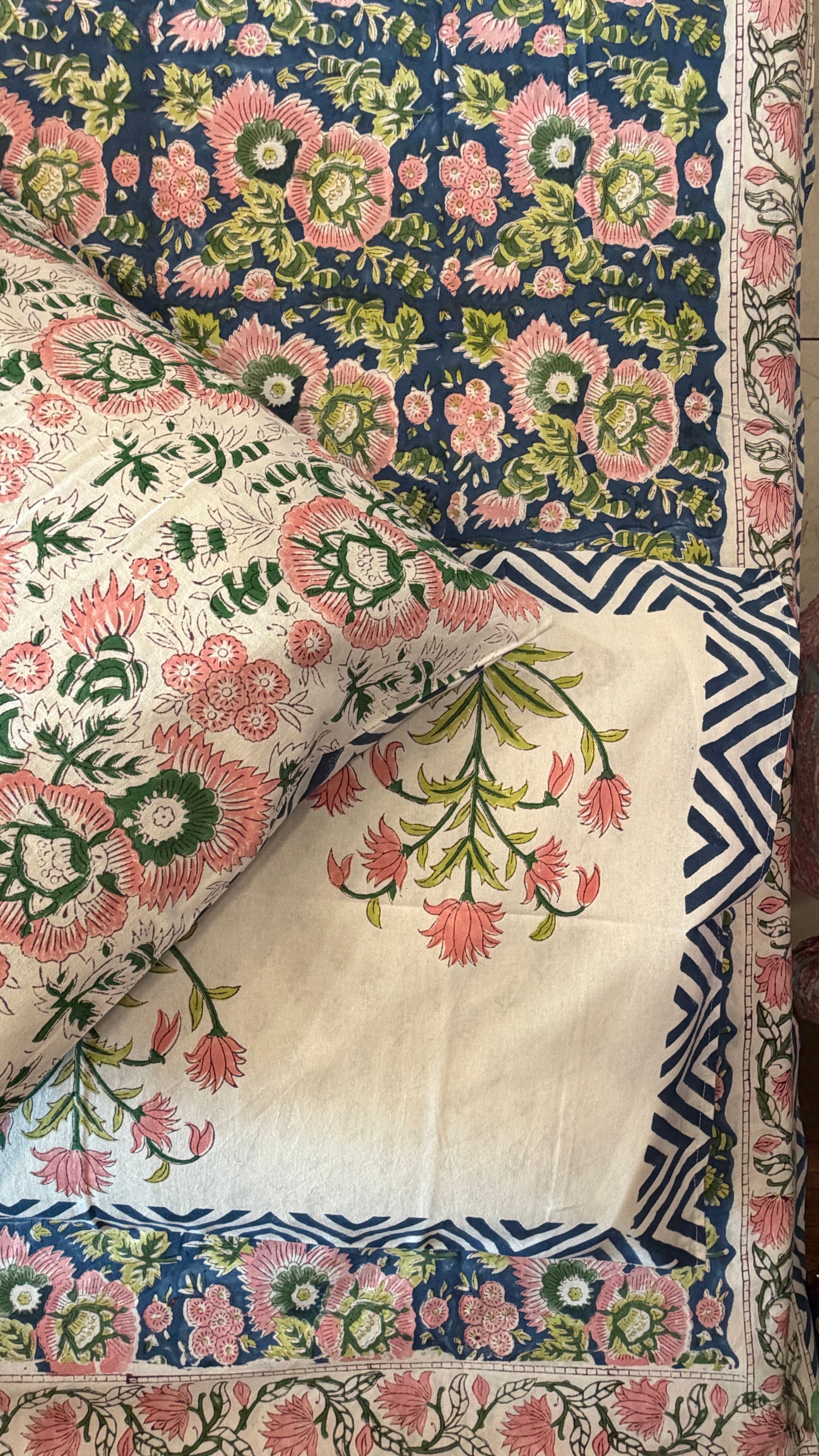 FLORAL BLUE & PINK HANDBLOCK PRINTED COTTON BEDCOVER