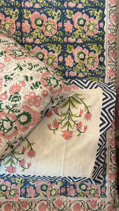 FLORAL BLUE & PINK HANDBLOCK PRINTED COTTON BEDCOVER