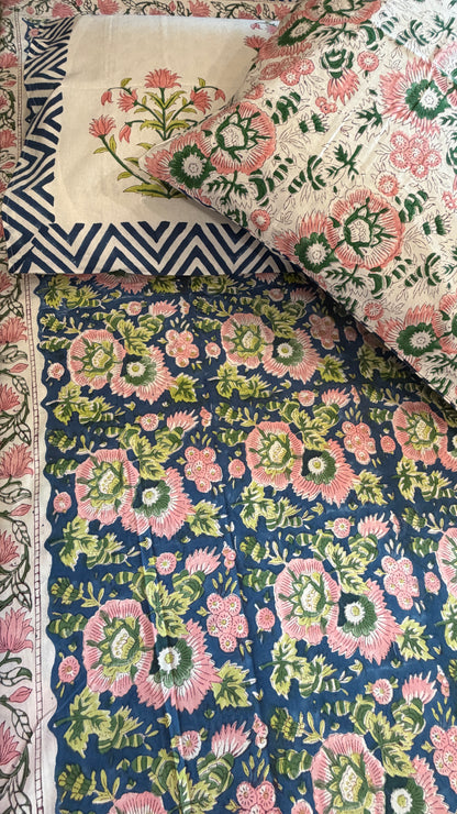 FLORAL BLUE & PINK HANDBLOCK PRINTED COTTON BEDCOVER