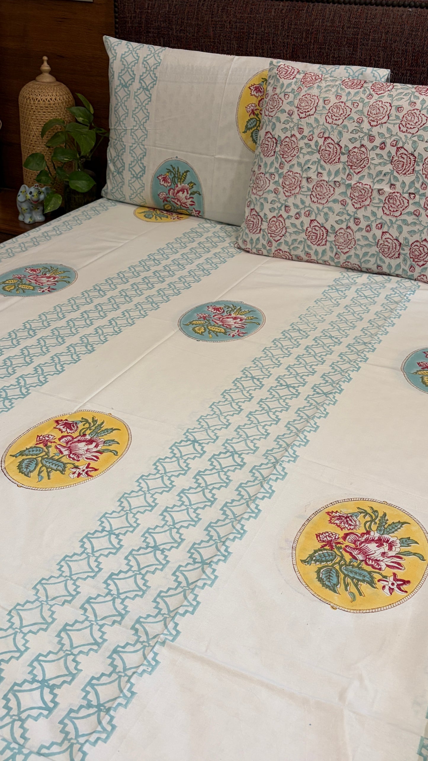 Artisanal Floral Medallion Handblock Cotton Bedsheet