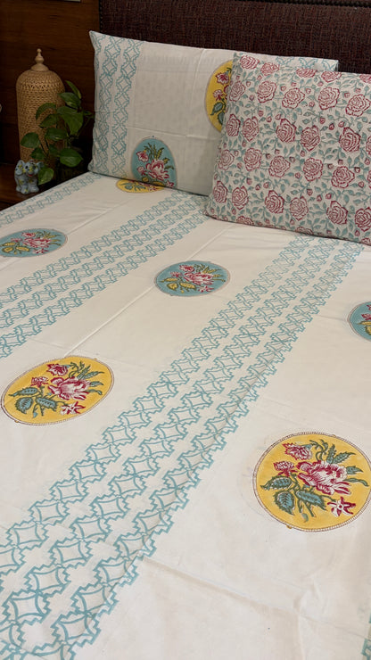 Artisanal Floral Medallion Handblock Cotton Bedsheet
