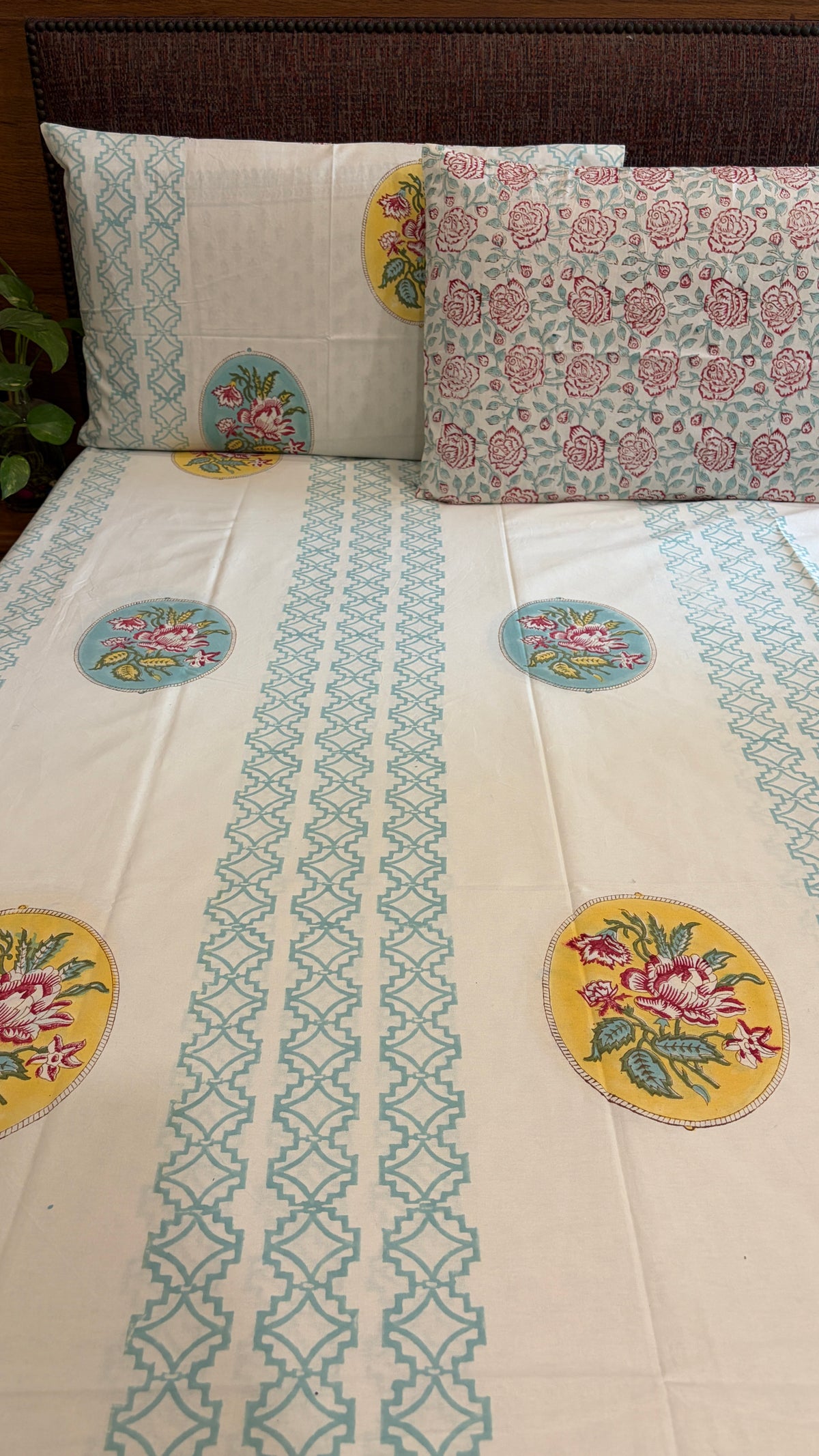 Artisanal Floral Medallion Handblock Cotton Bedsheet