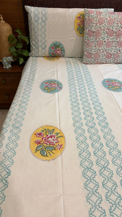 Artisanal Floral Medallion Handblock Cotton Bedsheet