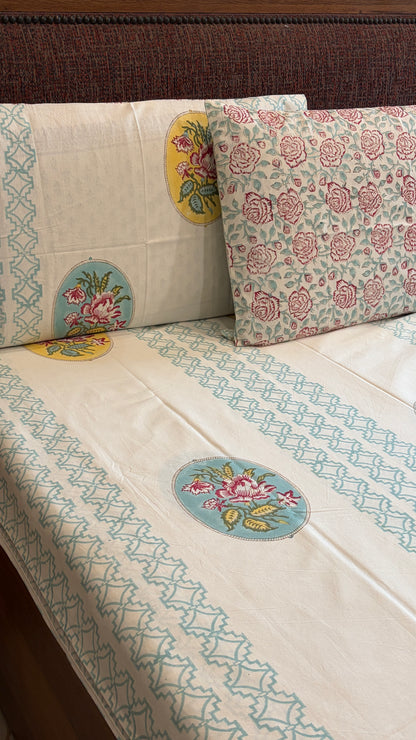 Artisanal Floral Medallion Handblock Cotton Bedsheet