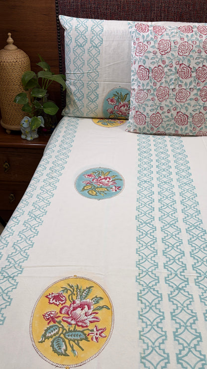 Artisanal Floral Medallion Handblock Cotton Bedsheet