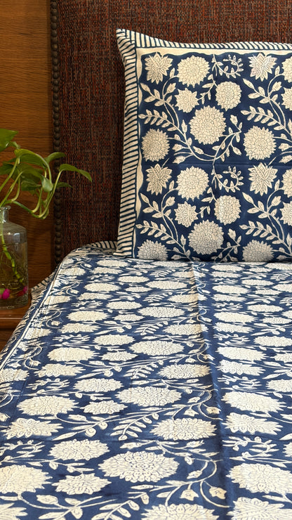 Indigo & White Floral Block Print Cotton Bedsheet