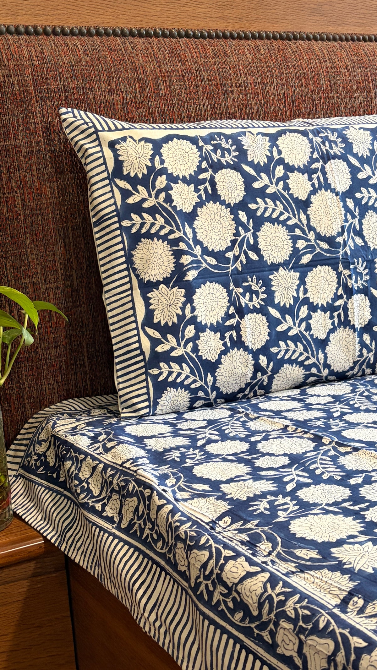 Indigo & White Floral Block Print Cotton Bedsheet