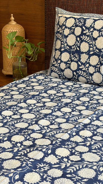 Indigo & White Floral Block Print Cotton Bedsheet