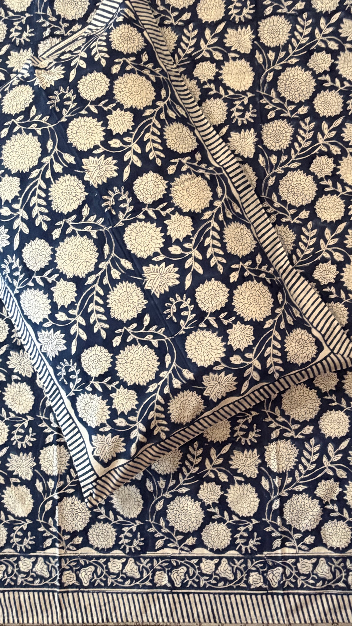Indigo & White Floral Block Print Cotton Bedsheet