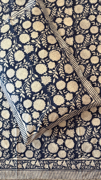 Indigo & White Floral Block Print Cotton Bedsheet