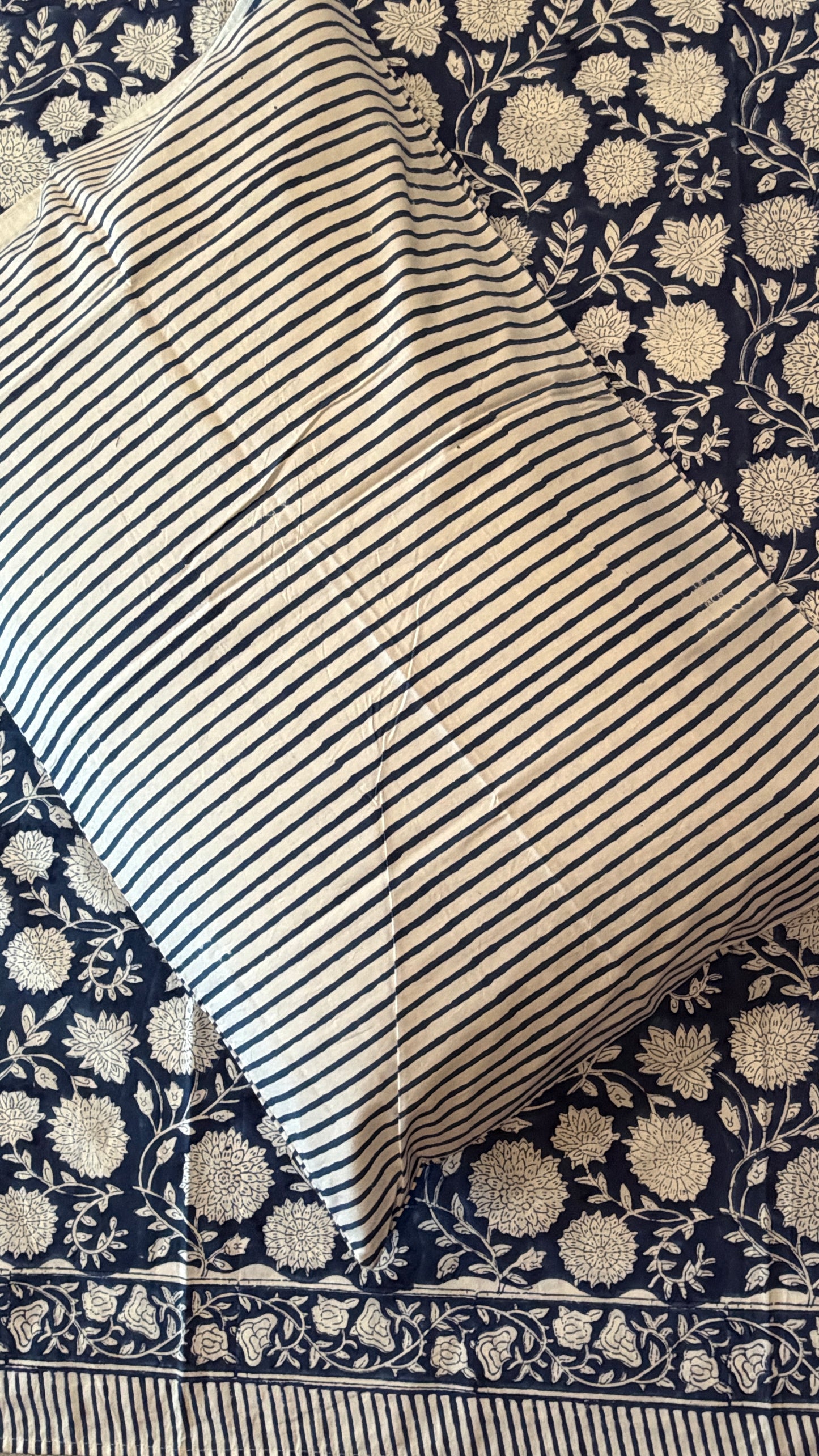 Indigo & White Floral Block Print Cotton Bedsheet