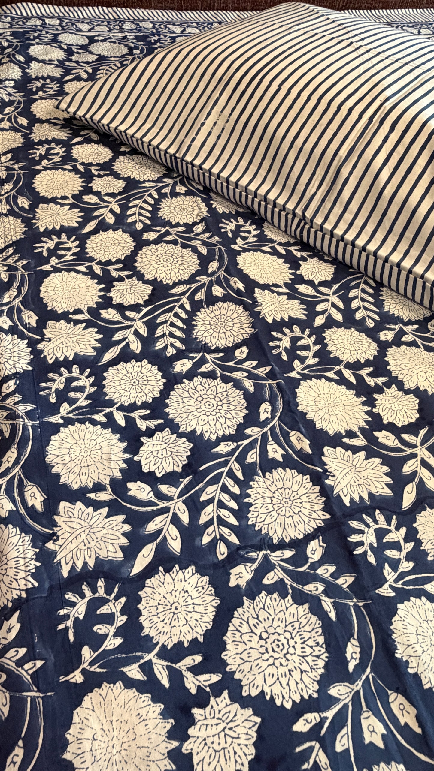 Indigo & White Floral Block Print Cotton Bedsheet