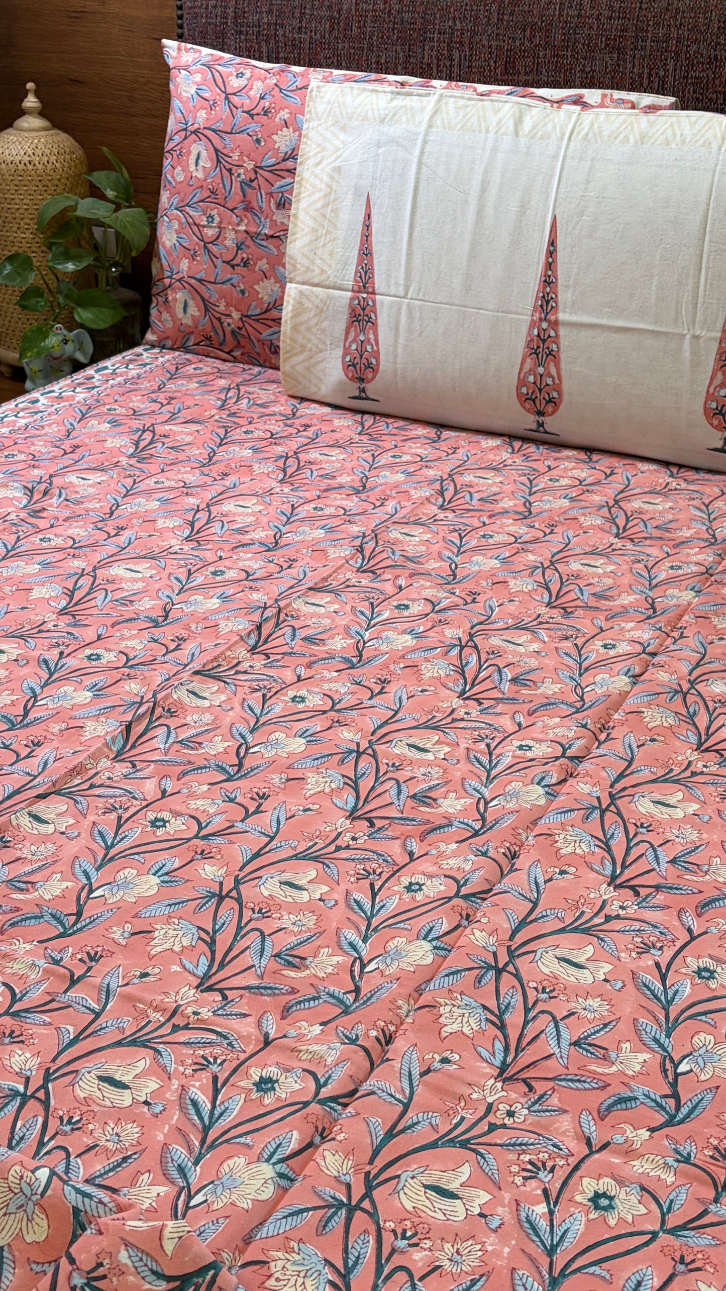 FLORAL PINK HANDBLOCK PRINTED COTTON BEDCOVER