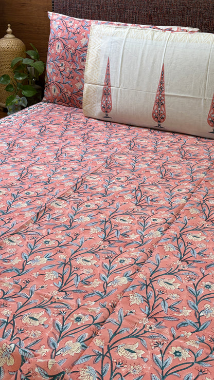 FLORAL PINK HANDBLOCK PRINTED COTTON BEDCOVER