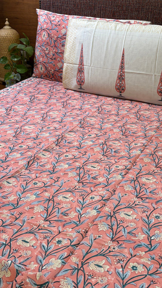 Peach & Teal Floral Bedsheet