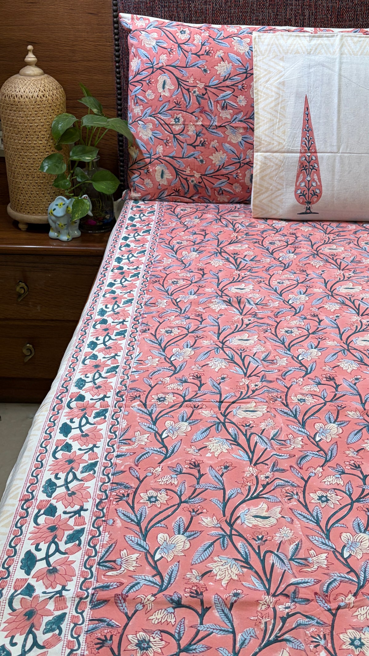 FLORAL PINK HANDBLOCK PRINTED COTTON BEDCOVER