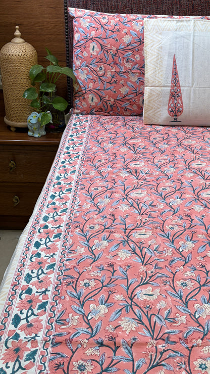 FLORAL PINK HANDBLOCK PRINTED COTTON BEDCOVER