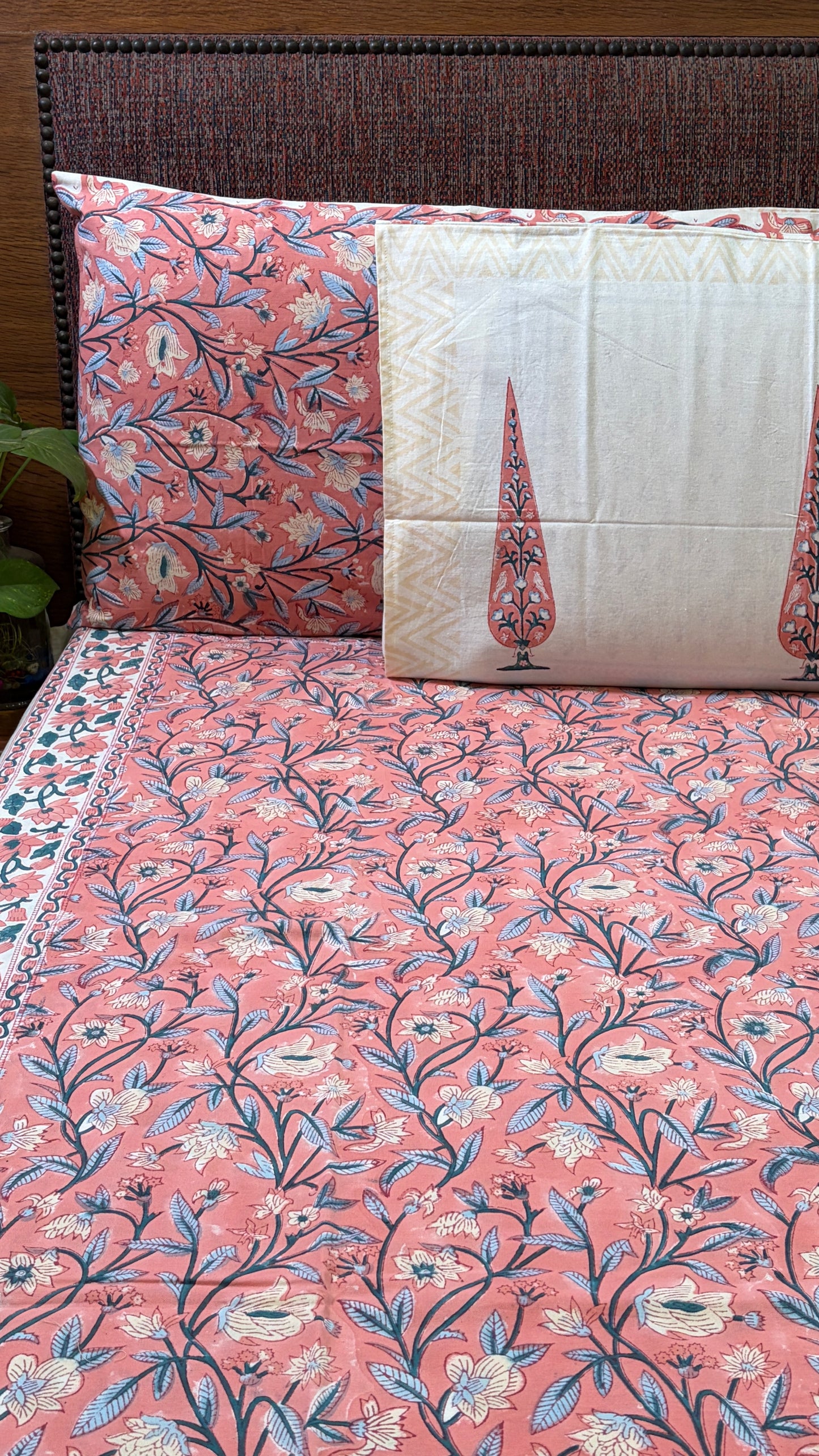 FLORAL PINK HANDBLOCK PRINTED COTTON BEDCOVER