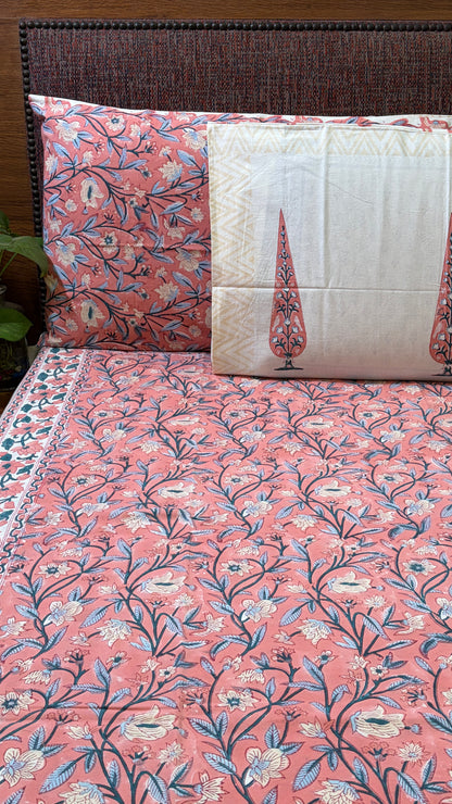 FLORAL PINK HANDBLOCK PRINTED COTTON BEDCOVER