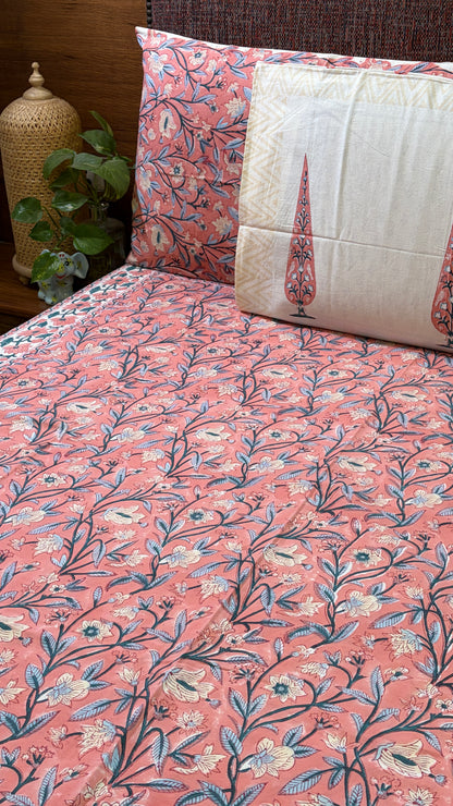 FLORAL PINK HANDBLOCK PRINTED COTTON BEDCOVER