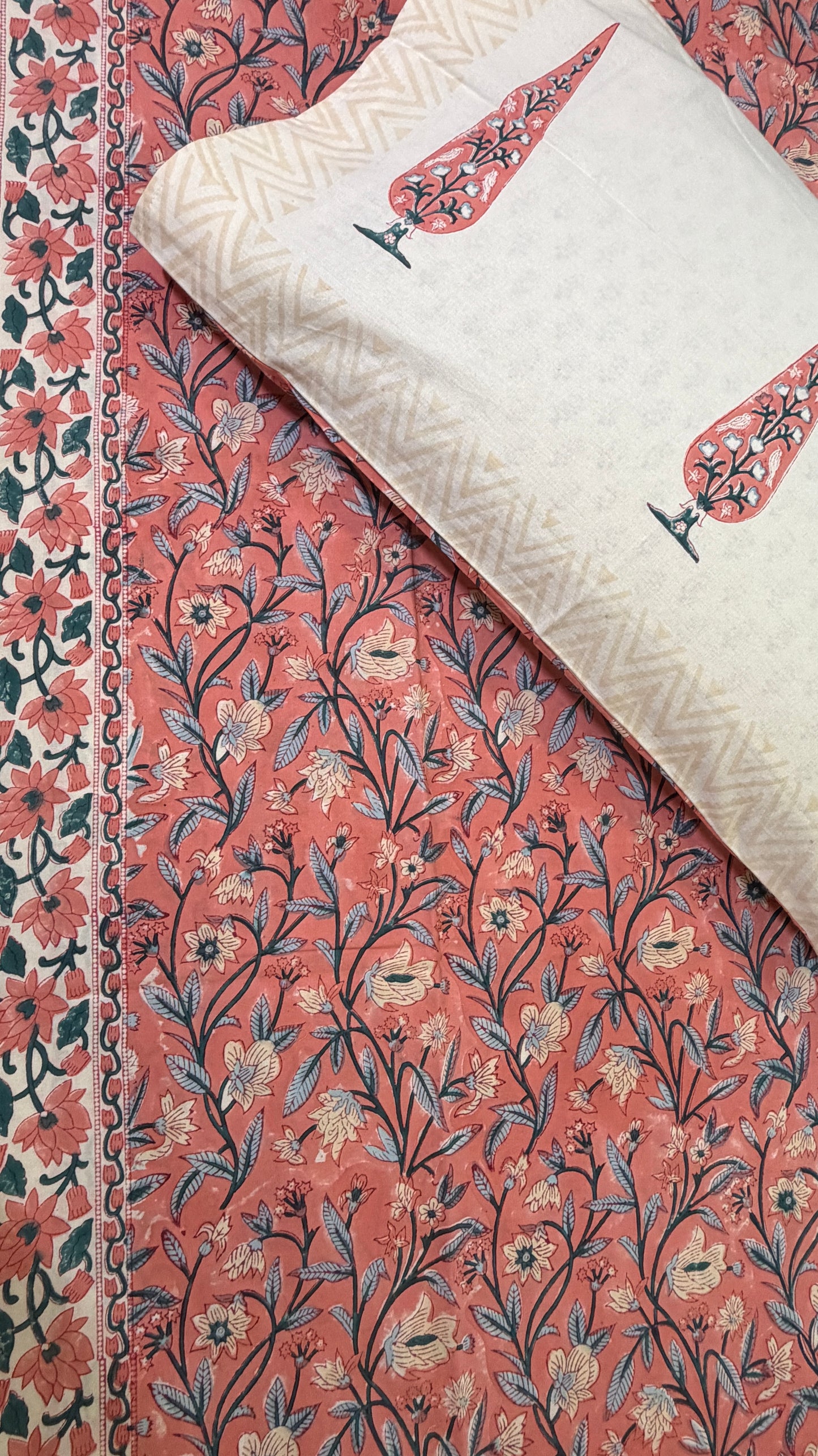 FLORAL PINK HANDBLOCK PRINTED COTTON BEDCOVER