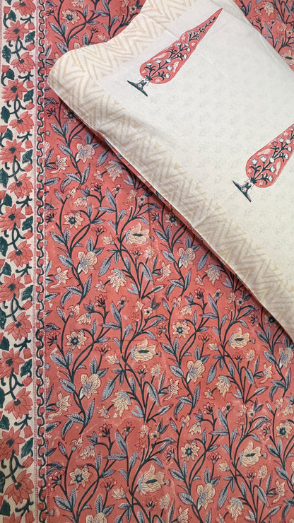 FLORAL PINK HANDBLOCK PRINTED COTTON BEDCOVER