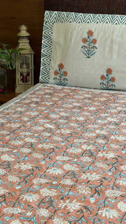 Rust & Teal Floral Handblock Print Bedsheet