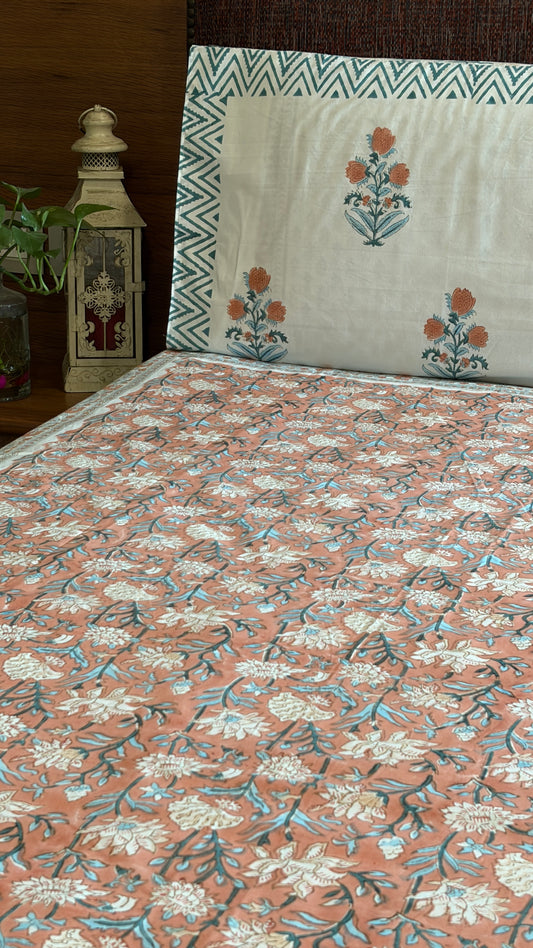 Rust & Teal Floral Handblock Print Bedsheet