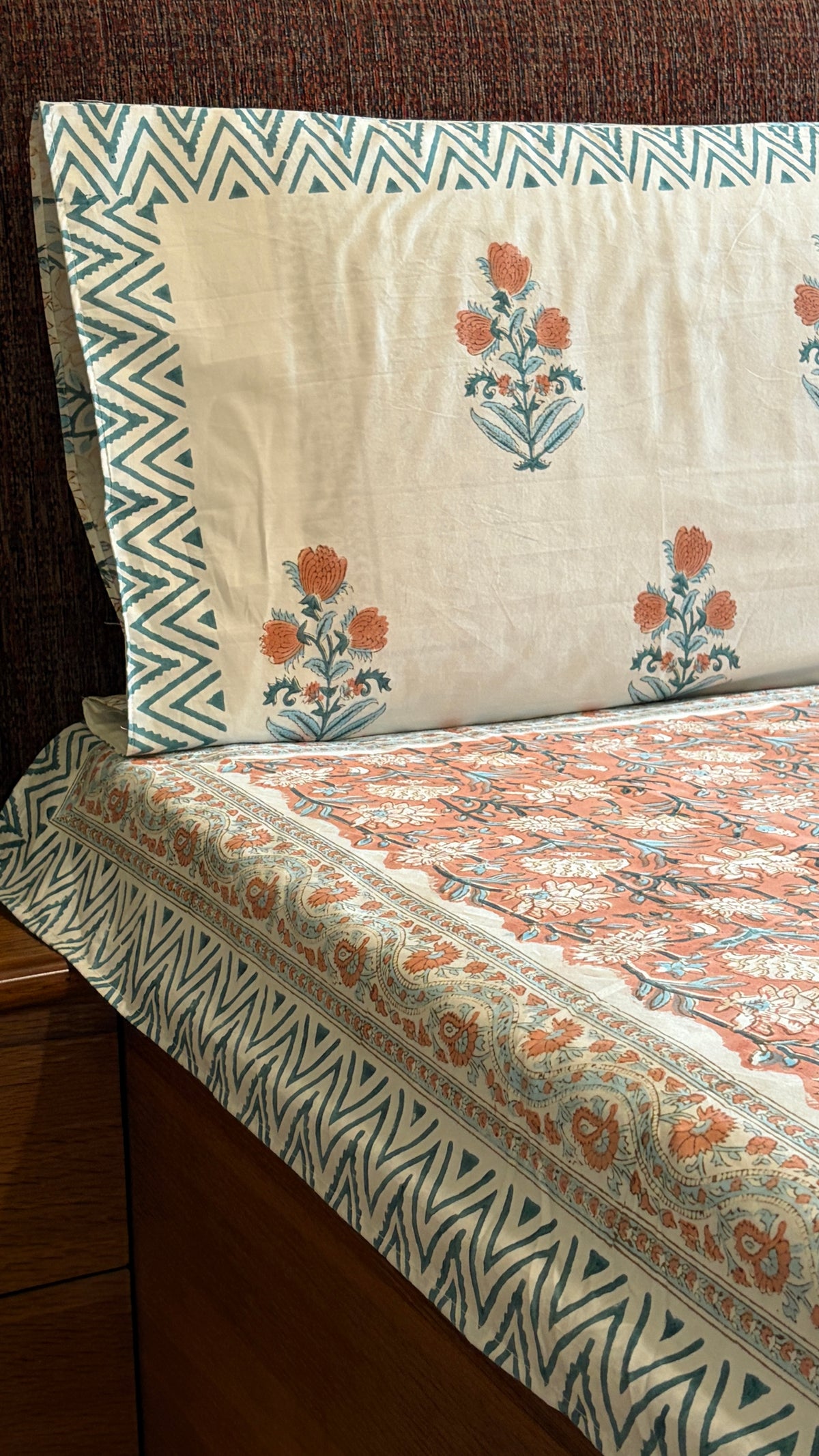 Rust & Teal Floral Handblock Print Bedsheet