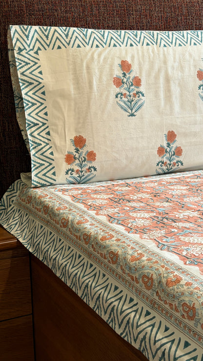 Rust & Teal Floral Handblock Print Bedsheet