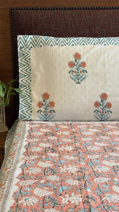 Rust & Teal Floral Handblock Print Bedsheet