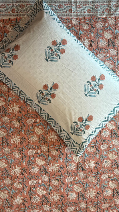 Rust & Teal Floral Handblock Print Bedsheet