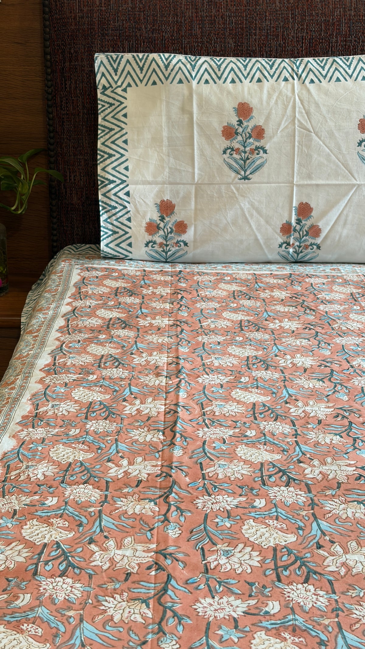 Rust & Teal Floral Handblock Print Bedsheet