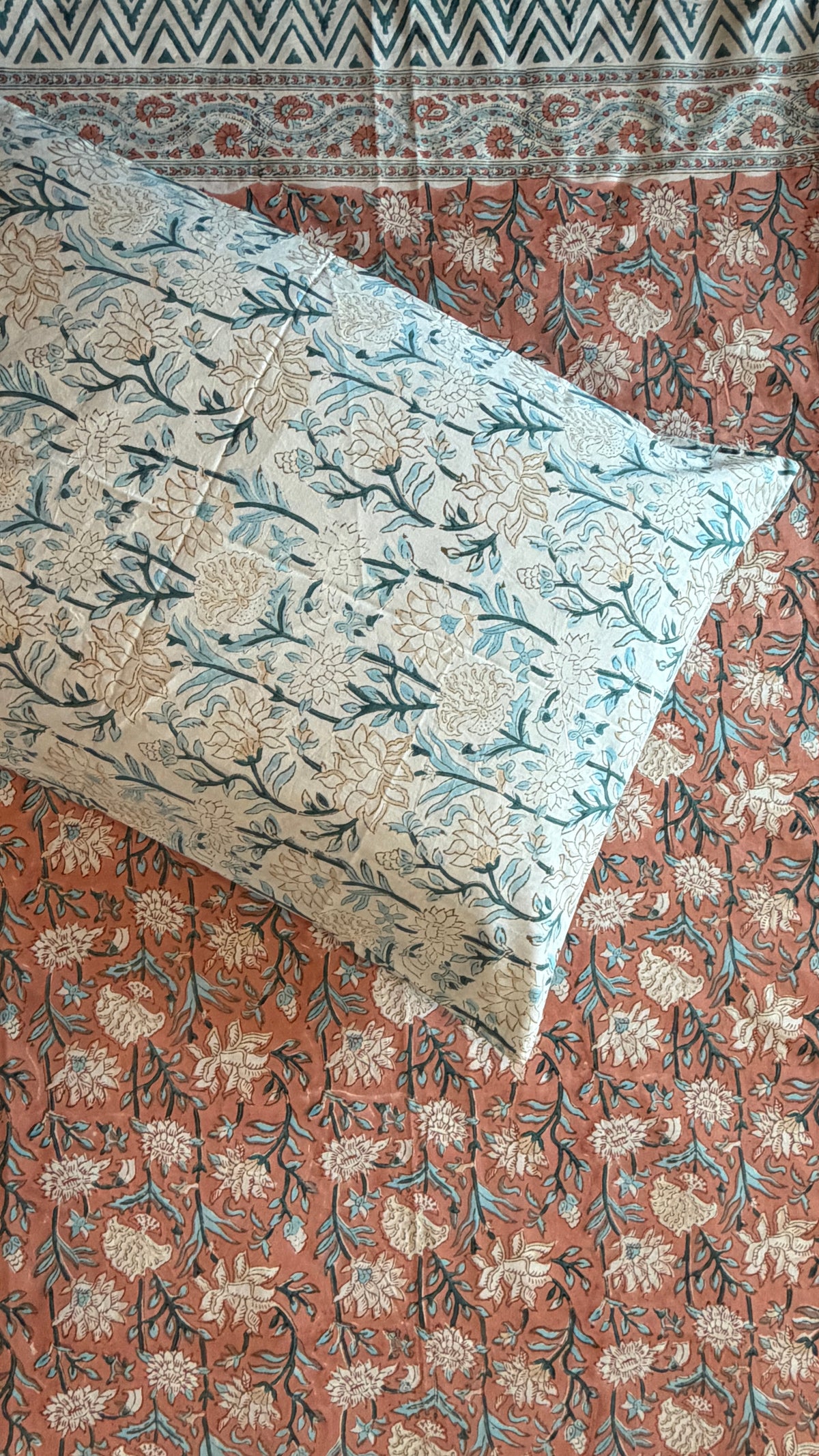 Rust & Teal Floral Handblock Print Bedsheet