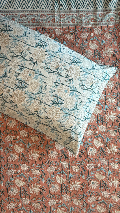 Rust & Teal Floral Handblock Print Bedsheet