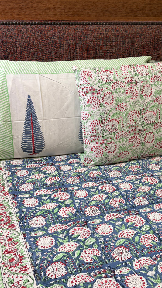 Blue & Crimson Floral Handblock Print Bedsheet
