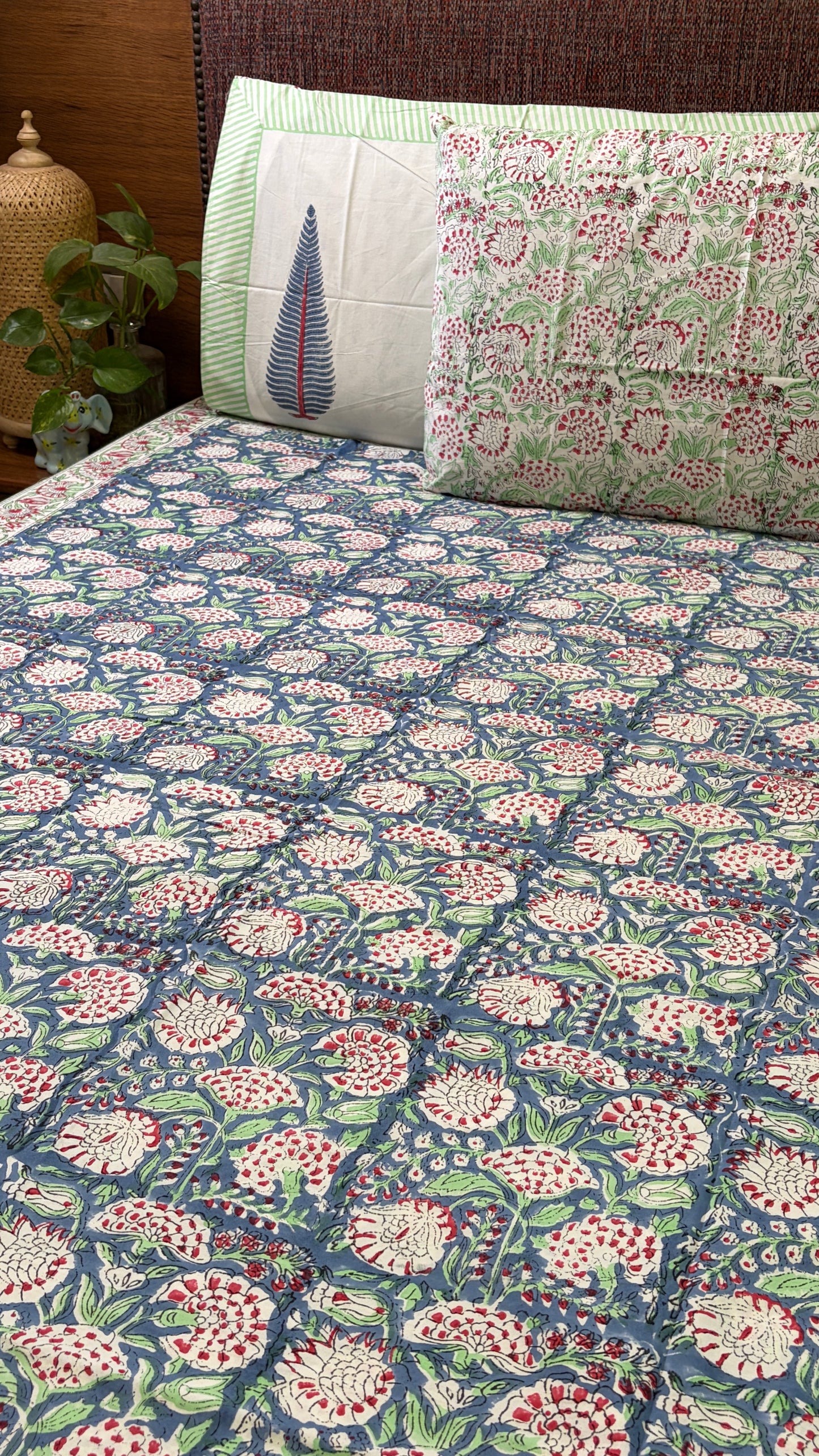 Blue & Crimson Floral Handblock Print Bedsheet