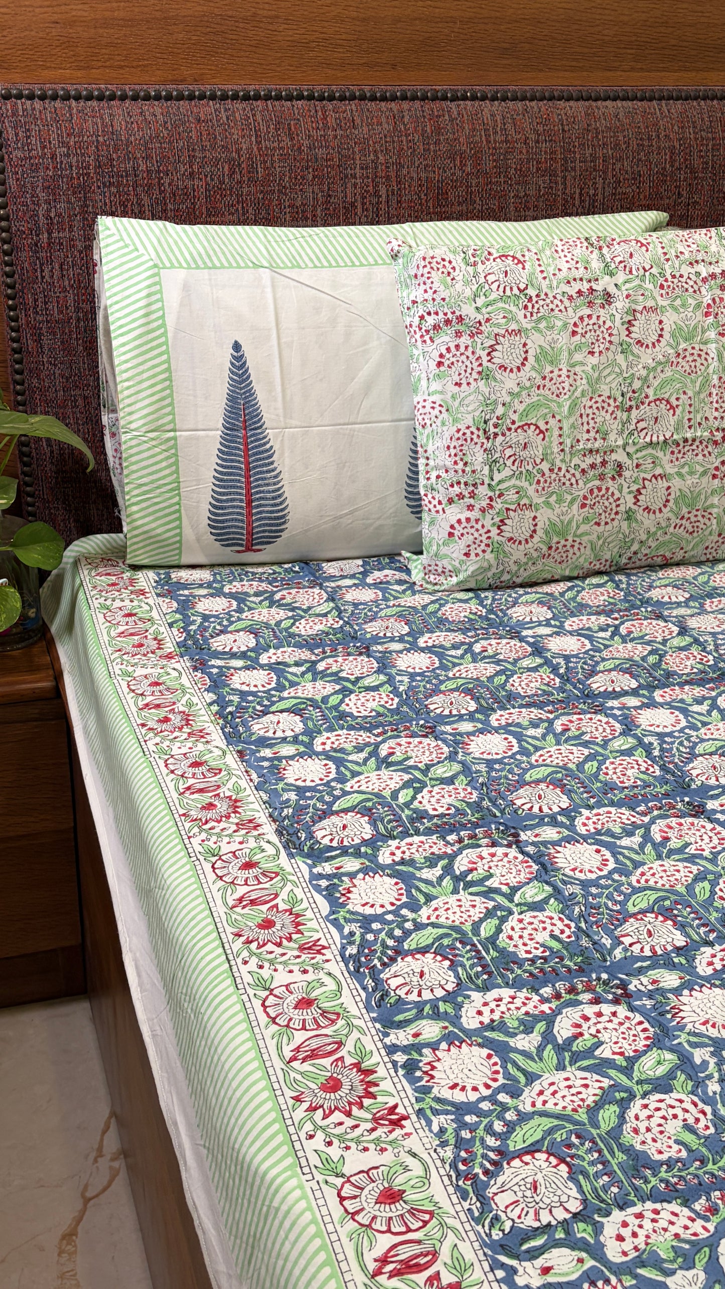 Blue & Crimson Floral Handblock Print Bedsheet