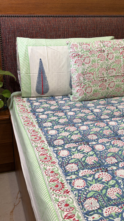 Blue & Crimson Floral Handblock Print Bedsheet