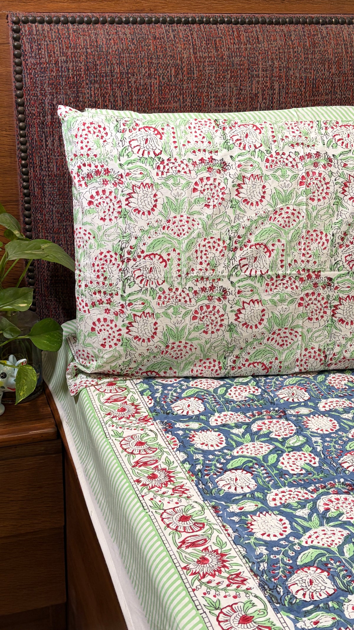 Blue & Crimson Floral Handblock Print Bedsheet